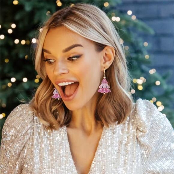 ✨ Pink Christmas Tree Earrings | Festive Holiday Dangle Jewelry | Gold Star - Picture 3 of 5